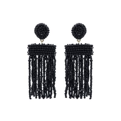 Short Black Beaded Bar Tassel Earrings