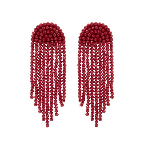 Red Half Moon Beaded Tassel Drop Earrings