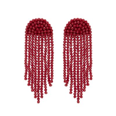 Red Half Moon Beaded Tassel Drop Earrings