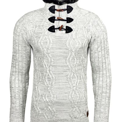 Subliminal Mode - Chunky Knit Trucker Neck Sweater for Men Light Gray