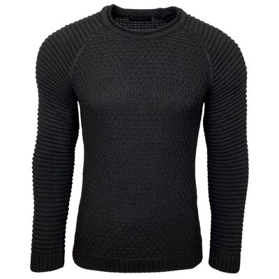 Subliminal Fashion Men's Ribbed Round Neck Chunky Knit Sweater Black