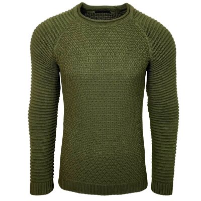 Subliminal Fashion Men's Chunky Knit Ribbed Round Neck Sweater Khaki