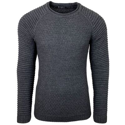 Subliminal Fashion Men's Ribbed Round Neck Chunky Knit Sweater Dark Gray