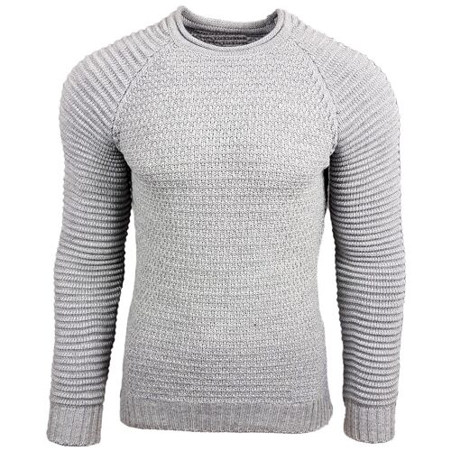 Subliminal Mode Pull Homme Grosse Maille Nervuré Col Arrondi Gris Clair