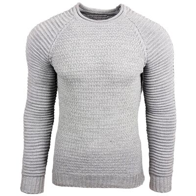 Subliminal Mode Men's Sweater Ribbed Round Neck Chunky Knit Light Gray