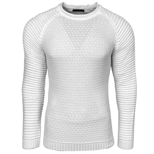 Subliminal Mode Pull Homme Grosse Maille Nervuré Col Arrondi Blanc