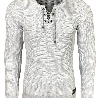 Subliminal Fashion Suéter con cuello en V para hombre con encaje blanco