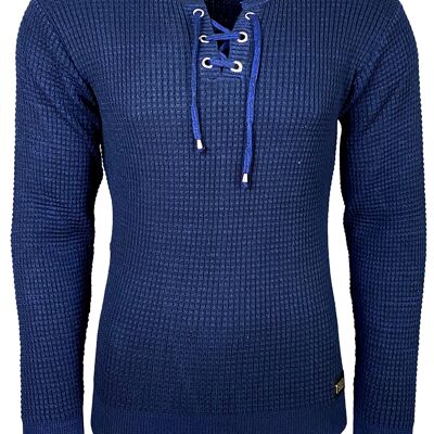 Subliminal Fashion Suéter con cuello en V para hombre con encaje azul marino