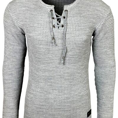 Subliminal Fashion Suéter de cuello en V para hombre con encaje Gris claro