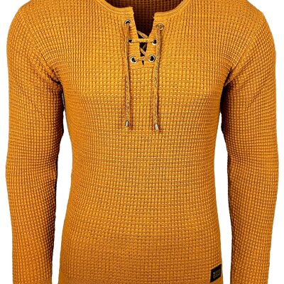 Subliminal Fashion Men's V-Neck Sweater with Lace Camel