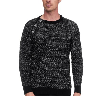 Subliminal Fashion Grobstrick Herren Pullover geknöpfter Kragen schwarz