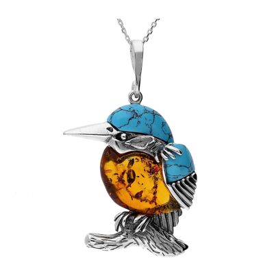 Beau pendentif martin-pêcheur en ambre et turquoise,