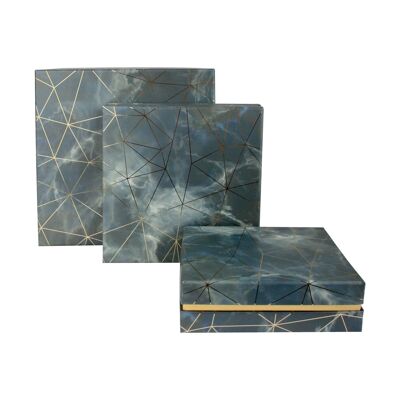Set of 3 Square, Blue/Grey Marble Effect with Gold Lines