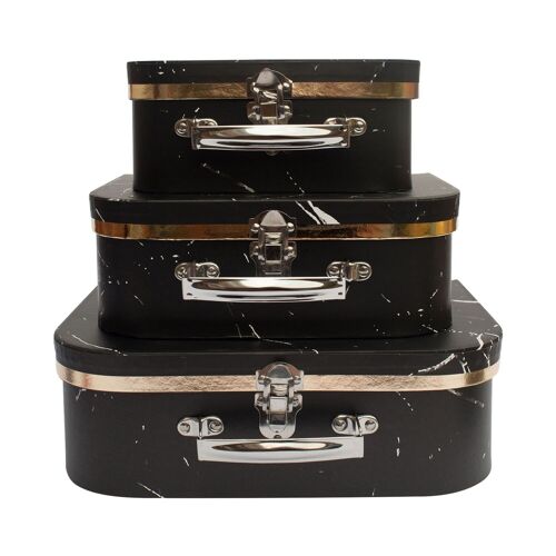 Set of 3 Suitcase Gift Storage Box, Black Marble Print