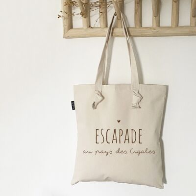 Tote-Bag with ecru knots "Escape to the land of the cicadas"
