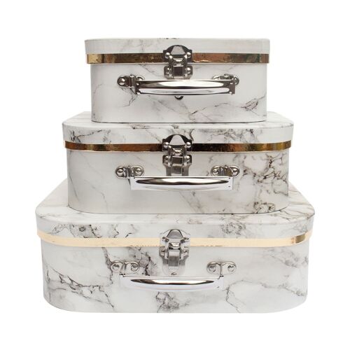 Set of 3 Suitcase Gift Storage Box, White Marble Print