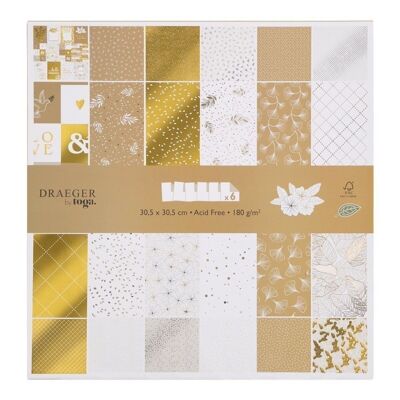 Papiers de Scrapbooking imprimés - Feuillages et motifs graphiques Blanc & Or