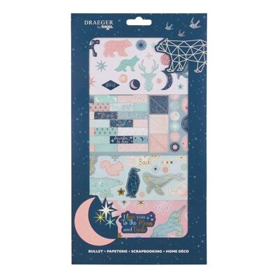 Pouch of stickers and cut shapes - Stars and Animals Origami Blue and pastel pink