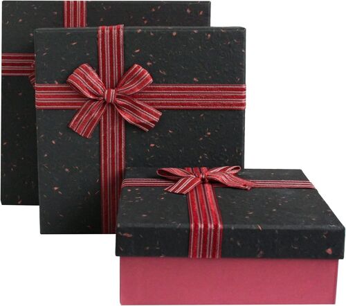Set of 3, Textured Burgundy with Black Lid, Striped Ribbon