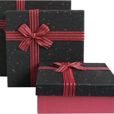 Set of 3, Textured Burgundy with Black Lid, Striped Ribbon