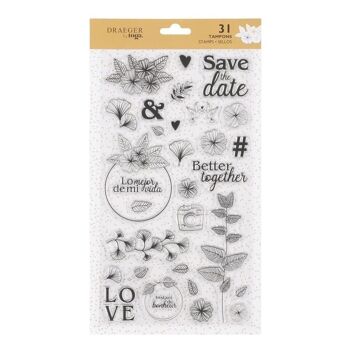 Tampons Crystal® silicone transparent - Feuilles Ginko, "Save the date", "Love" 1