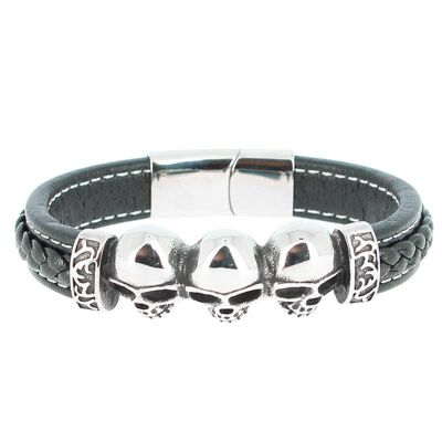 Bracelet en acier inoxydable & Cuir Noir 3 Crânes Longueur 18 cm - 7.08''