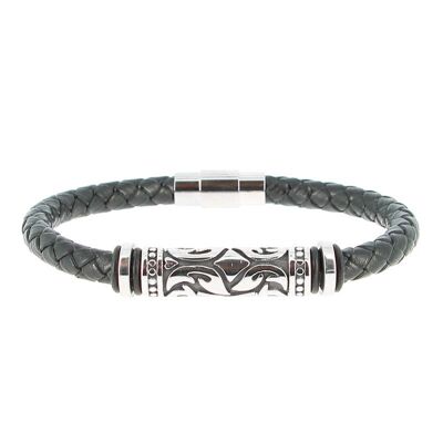 Bracelet en acier inoxydable & Cuir Tressé Longueur 18 cm - 7.08''