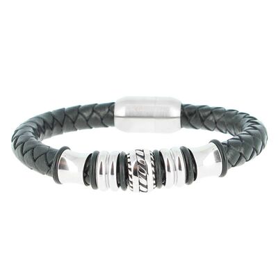 Armband aus Edelstahl und schwarzem Leder, Länge 18 cm - 7,08''