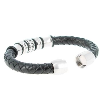 Bracelet en acier inoxydable & Cuir Noir Longueur 18 cm - 7.08'' 3