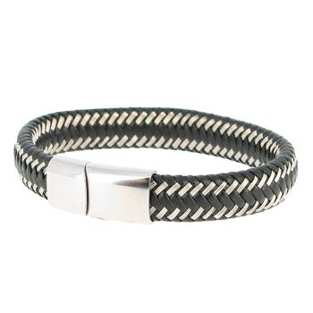 Bracelet en acier inoxydable & Cuir Noir et Blanc Longueur 18 cm - 7.08'' 1