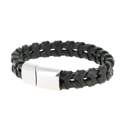 Bracelet en acier inoxydable & Cuir Noir Tressé Longueur 18 cm - 7.08''