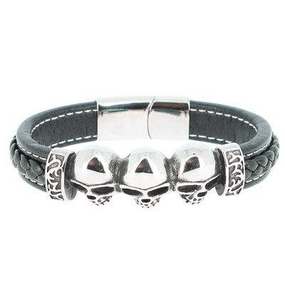 Bracelet in stainless steel & Black Leather 3 Skulls Length 19 cm - 7.48''