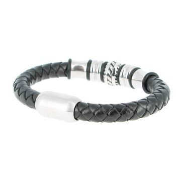 Bracelet en acier inoxydable & Cuir Noir Longueur 20 cm - 7.87'' 2