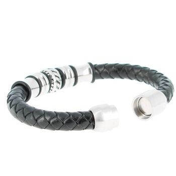 Bracelet en acier inoxydable & Cuir Noir Longueur 20 cm - 7.87'' 3