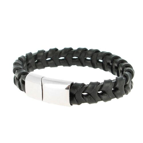 Bracelet en acier inoxydable & Cuir Noir Tressé Longueur 20 cm - 7.87''