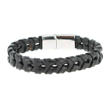 Bracelet en acier inoxydable & Cuir Noir Tressé Longueur 20 cm - 7.87'' 2