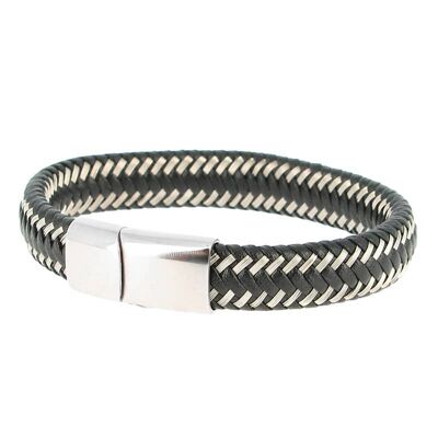 Bracelet en acier inoxydable & Cuir Noir et Blanc Longueur 20 cm - 7.87''
