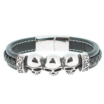 Bracelet en acier inoxydable & Cuir Noir 3 Crânes Longueur 22 cm - 8.66'' 1