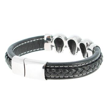 Bracelet en acier inoxydable & Cuir Noir 3 Crânes Longueur 22 cm - 8.66'' 2