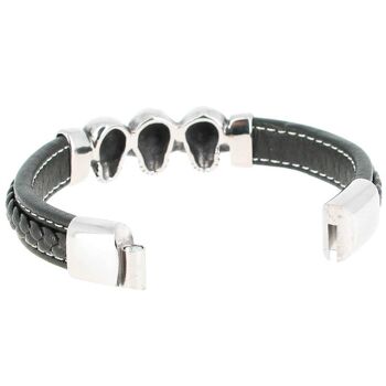 Bracelet en acier inoxydable & Cuir Noir 3 Crânes Longueur 22 cm - 8.66'' 3