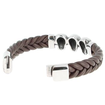 Bracelet en acier inoxydable & Cuir Tressé 3 Crânes Longueur 22 cm - 8.66'' 3