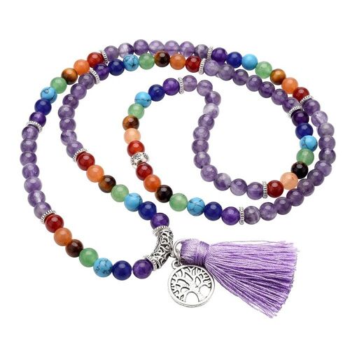 Collier Mala Améthyste 7 Chakras 108 perles 6 mm