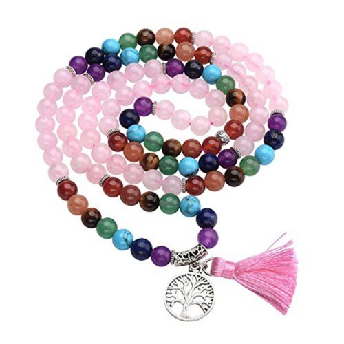 Collier Mala Quartz Rose 7 Chakras 108 perles 6 mm