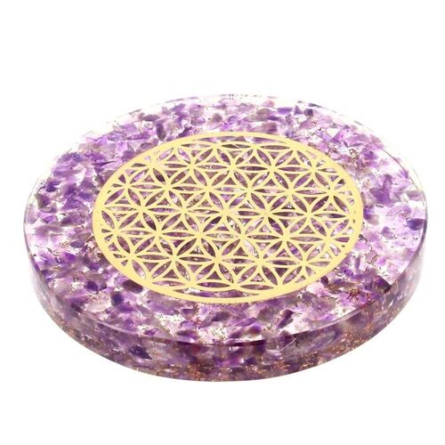 Plateau Améthyste Orgonite Fleur de Vie 10 cm