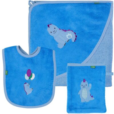 juego de 3 piezas Set de regalo DINO, toalla con capucha, manopla de lavado, babero en azul