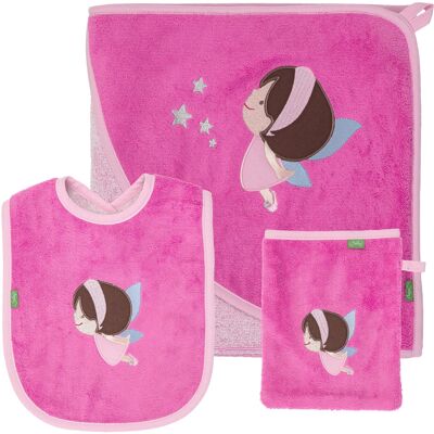 juego de 3 piezas ELFE, toalla con capucha, manopla de lavado, babero en rosa
