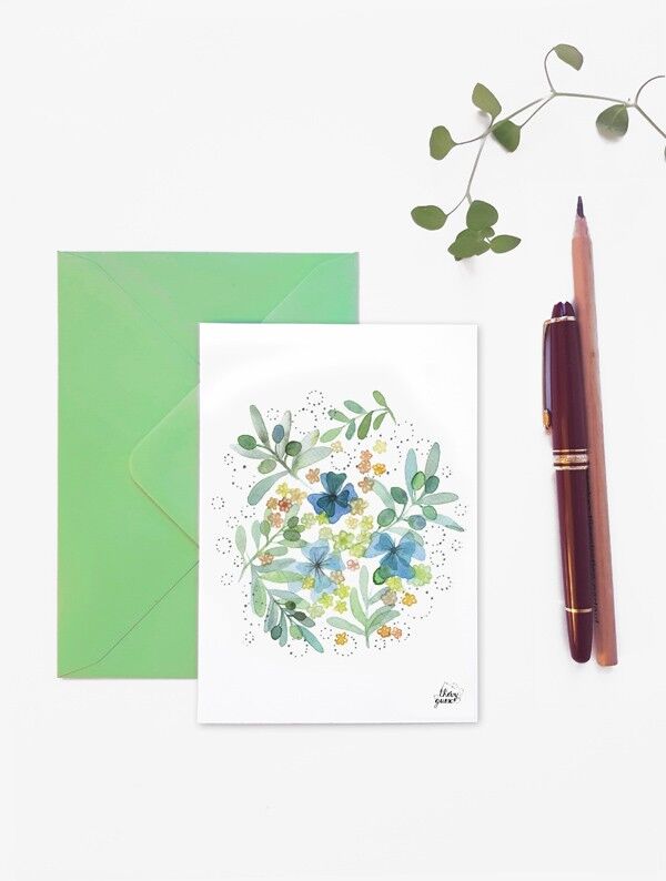 AQUARELL-LAUB-OLIVENBLUMEN-POSTKARTE
