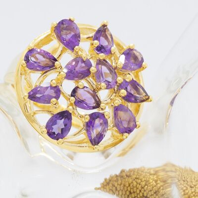 Ring mit echten natürlichen violett-lavendelfarbenen Amethyst-Steinen aus Sterlingsilber und 14-karätigem Vermeil-GOLD, feiner Schmuck, einzigartiger Geburtsstein, lila