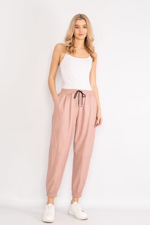 Pink Leather effect trousers with drawstring waist