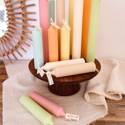 Candle ribbed 25cm in beige - handmade